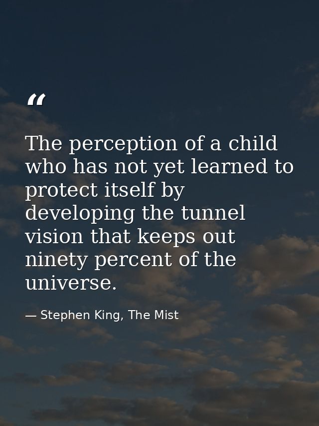 The perception of a child who has not yet learned to protect itself by developing the tunnel vision that keeps out ninet — Stephen King, The Mist