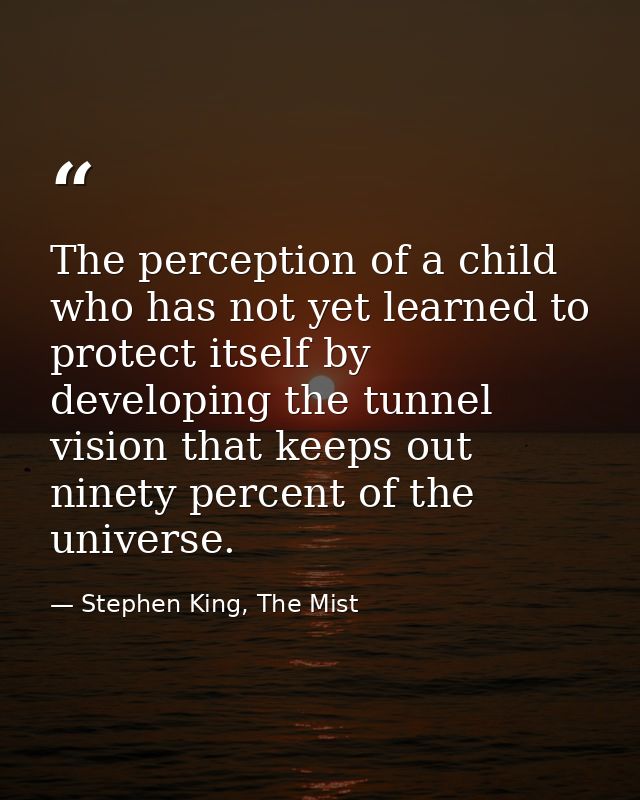 The perception of a child who has not yet learned to protect itself by developing the tunnel vision that keeps out ninet — Stephen King, The Mist