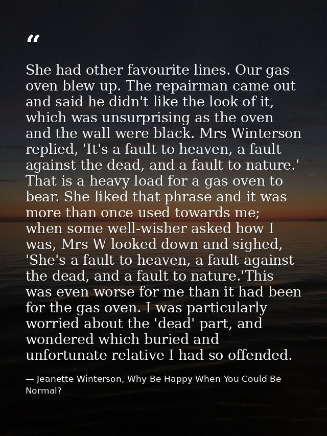 She had other favourite lines. Our gas oven blew up. The repairman came out and said he didn't like the look of it, whic — Jeanette Winterson, Why Be Happy When You Could Be Normal?