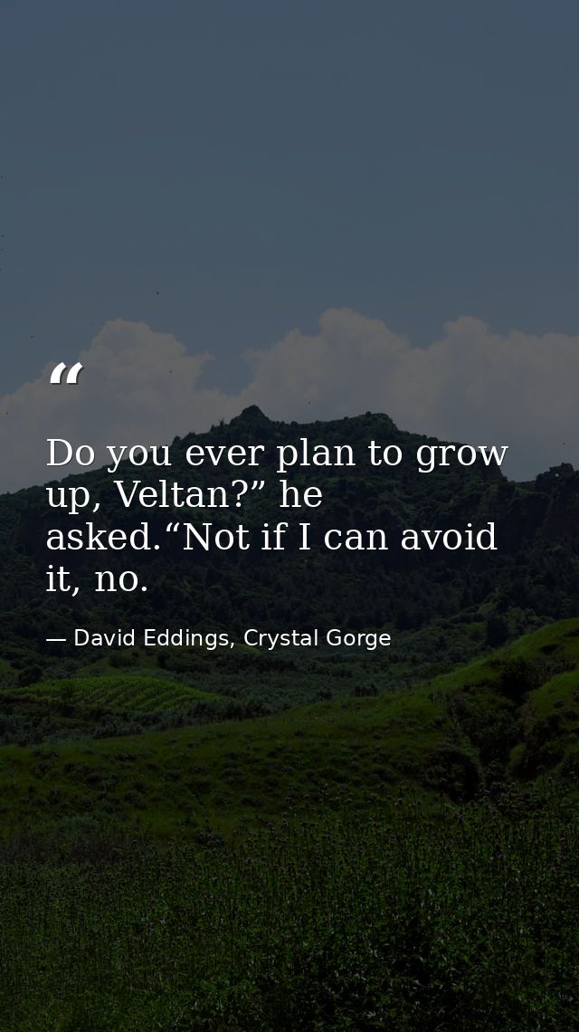 Do you ever plan to grow up, Veltan?” he asked.“Not if I can avoid it, no. — David Eddings, Crystal Gorge