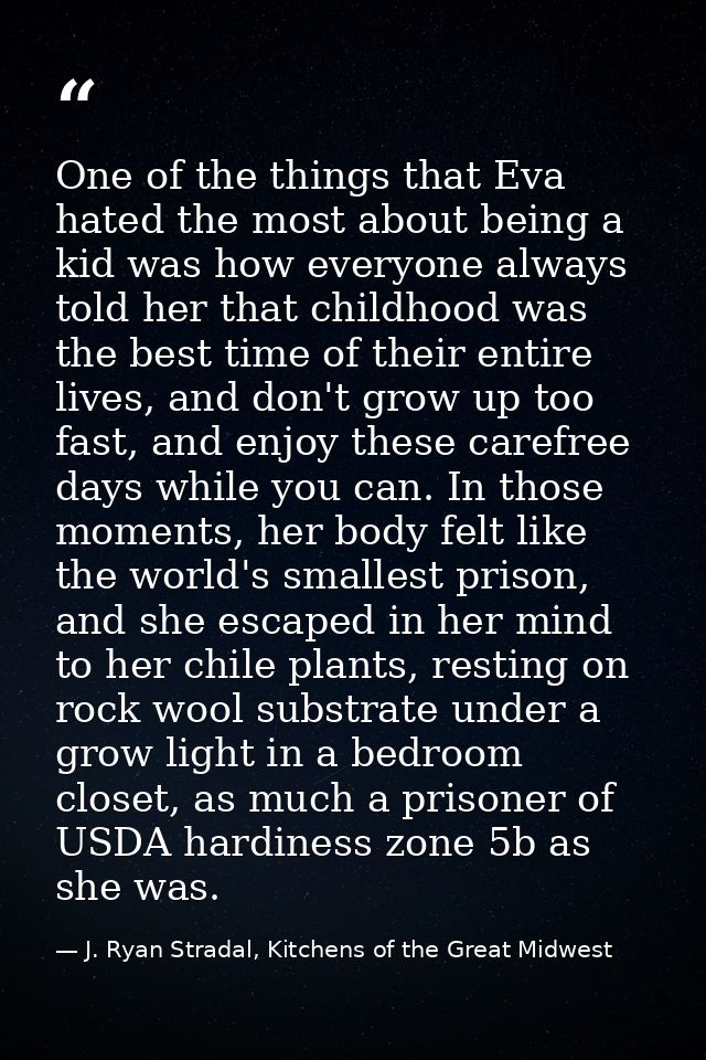 One of the things that Eva hated the most about being a kid was how everyone always told her that childhood was the best — J. Ryan Stradal, Kitchens of the Great Midwest