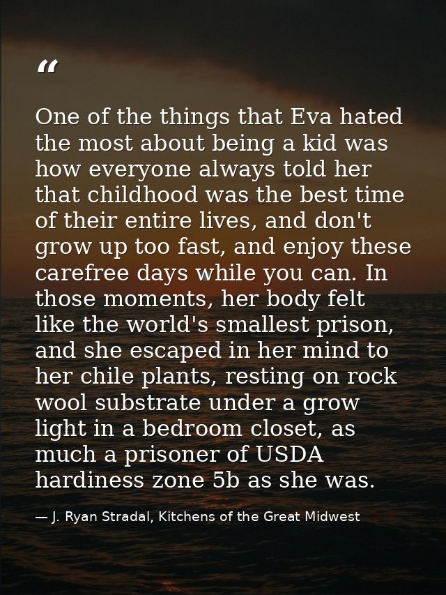 One of the things that Eva hated the most about being a kid was how everyone always told her that childhood was the best — J. Ryan Stradal, Kitchens of the Great Midwest
