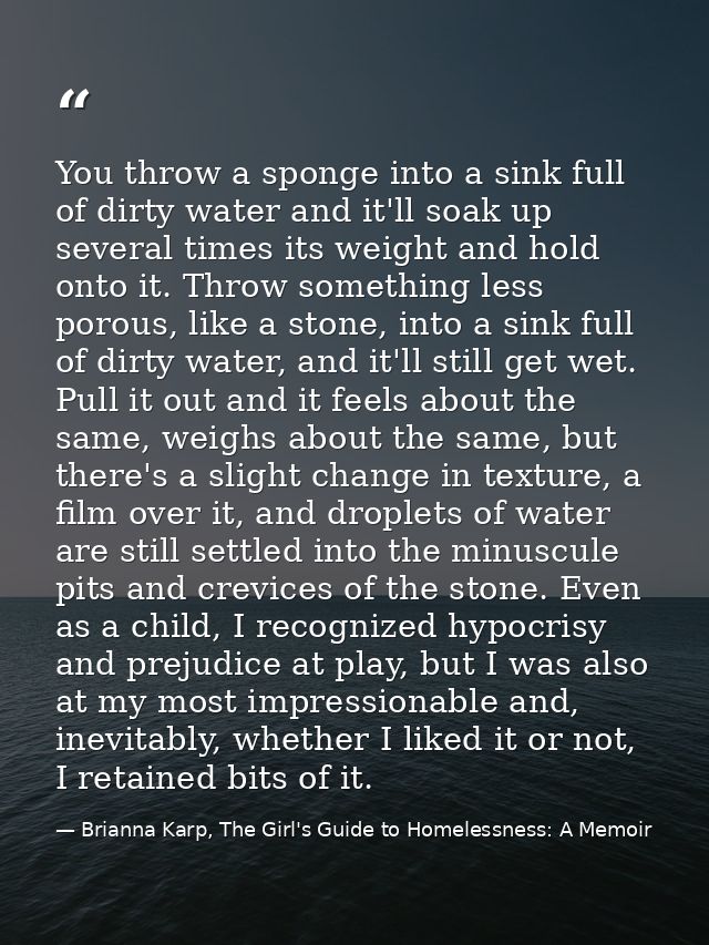 You throw a sponge into a sink full of dirty water and it'll soak up several times its weight and hold onto it. Throw so — Brianna Karp, The Girl's Guide to Homelessness: A Memoir