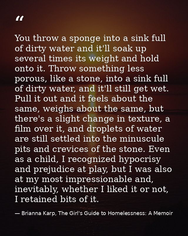 You throw a sponge into a sink full of dirty water and it'll soak up several times its weight and hold onto it. Throw so — Brianna Karp, The Girl's Guide to Homelessness: A Memoir