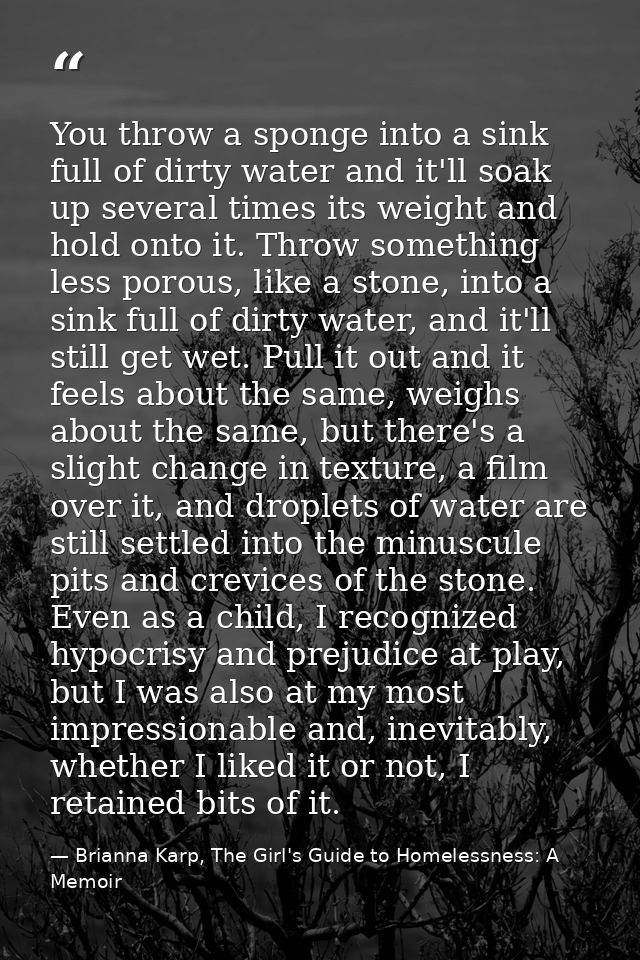 You throw a sponge into a sink full of dirty water and it'll soak up several times its weight and hold onto it. Throw so — Brianna Karp, The Girl's Guide to Homelessness: A Memoir