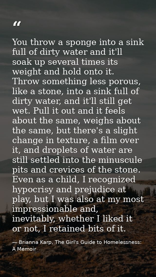 You throw a sponge into a sink full of dirty water and it'll soak up several times its weight and hold onto it. Throw so — Brianna Karp, The Girl's Guide to Homelessness: A Memoir