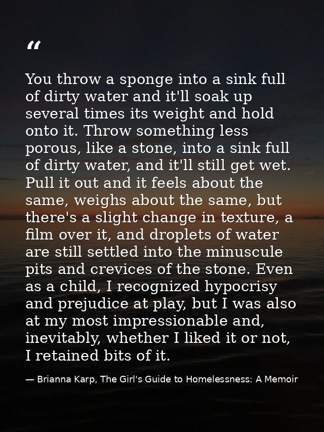 You throw a sponge into a sink full of dirty water and it'll soak up several times its weight and hold onto it. Throw so — Brianna Karp, The Girl's Guide to Homelessness: A Memoir
