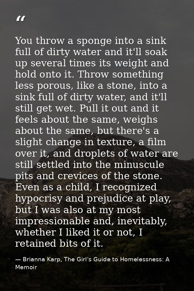 You throw a sponge into a sink full of dirty water and it'll soak up several times its weight and hold onto it. Throw so — Brianna Karp, The Girl's Guide to Homelessness: A Memoir
