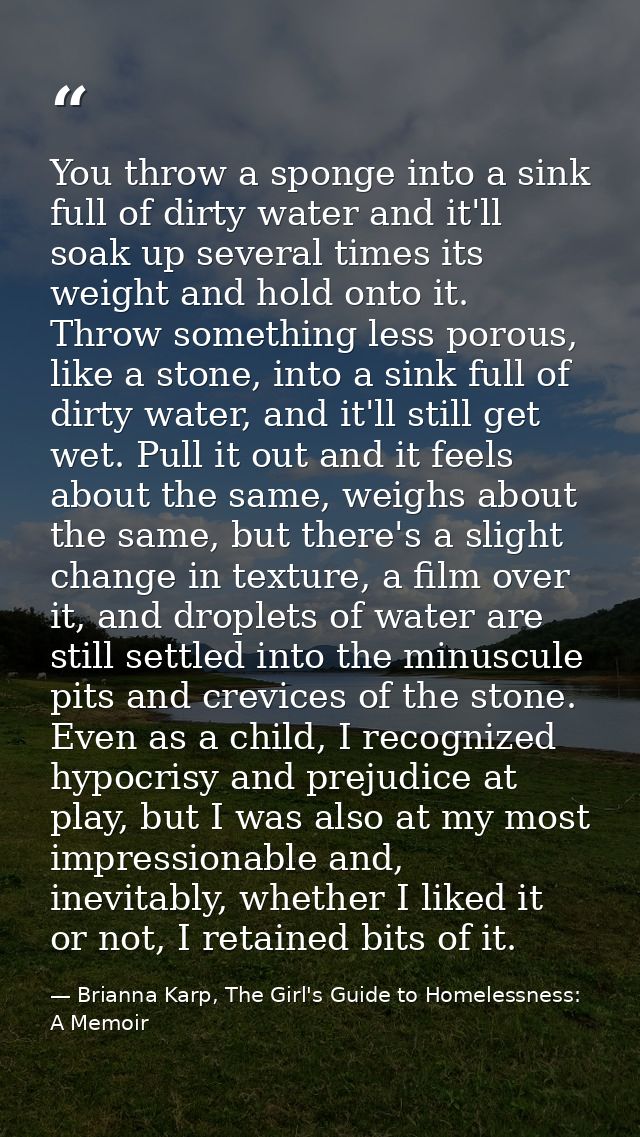 You throw a sponge into a sink full of dirty water and it'll soak up several times its weight and hold onto it. Throw so — Brianna Karp, The Girl's Guide to Homelessness: A Memoir