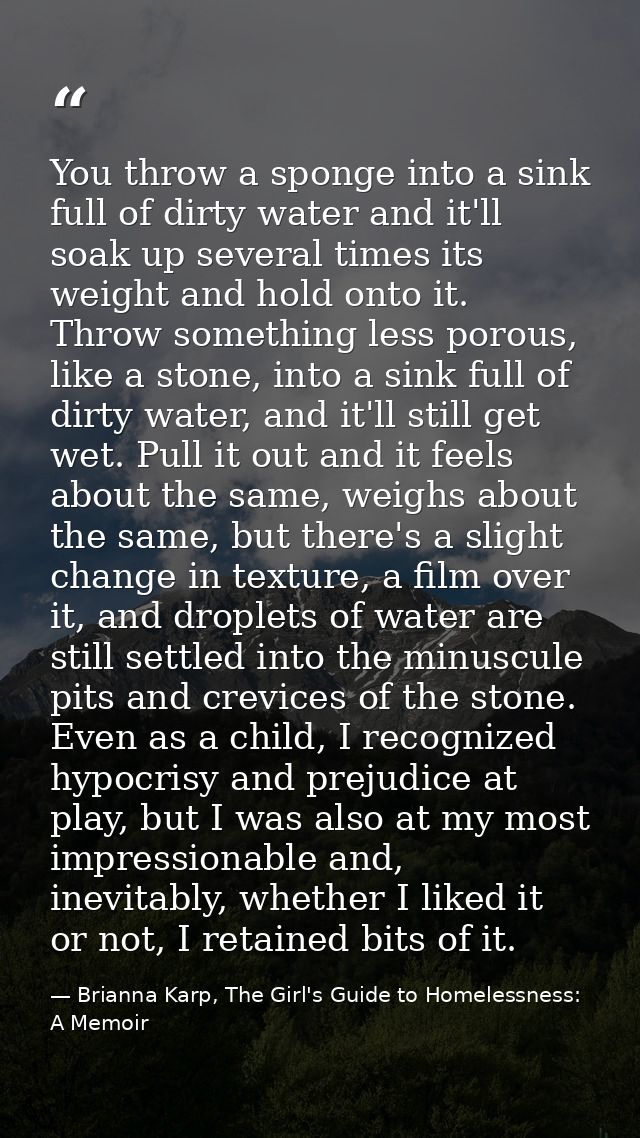 You throw a sponge into a sink full of dirty water and it'll soak up several times its weight and hold onto it. Throw so — Brianna Karp, The Girl's Guide to Homelessness: A Memoir
