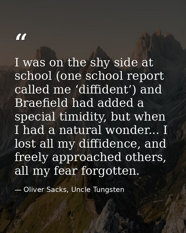 I was on the shy side at school (one school report called me ‘diffident’) and Braefield had added a special timidity, bu — Oliver Sacks, Uncle Tungsten