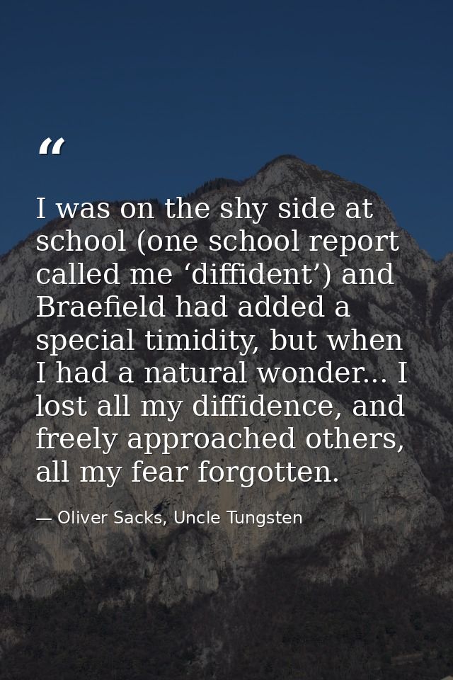 I was on the shy side at school (one school report called me ‘diffident’) and Braefield had added a special timidity, bu — Oliver Sacks, Uncle Tungsten