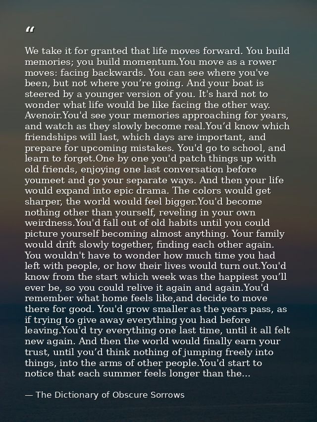 We take it for granted that life moves forward. You build memories; you build momentum.You move as a rower moves: facing — The Dictionary of Obscure Sorrows