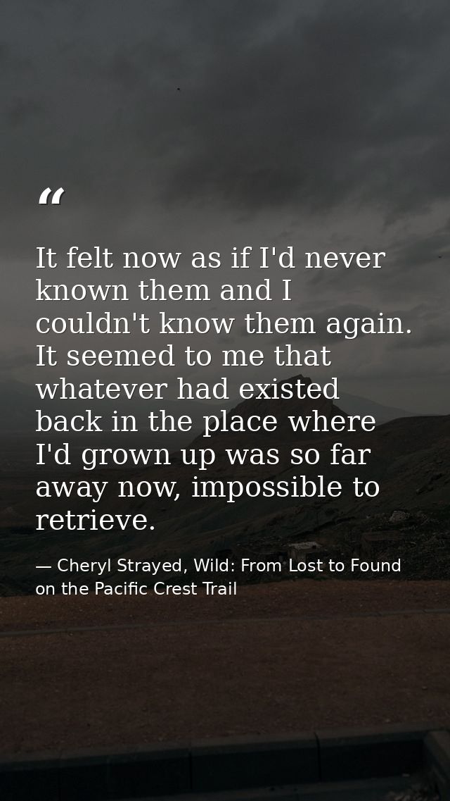 It felt now as if I'd never known them and I couldn't know them again. It seemed to me that whatever had existed back in — Cheryl Strayed, Wild: From Lost to Found on the Pacific Crest Trail