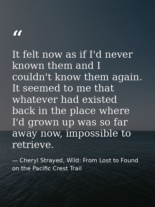 It felt now as if I'd never known them and I couldn't know them again. It seemed to me that whatever had existed back in — Cheryl Strayed, Wild: From Lost to Found on the Pacific Crest Trail