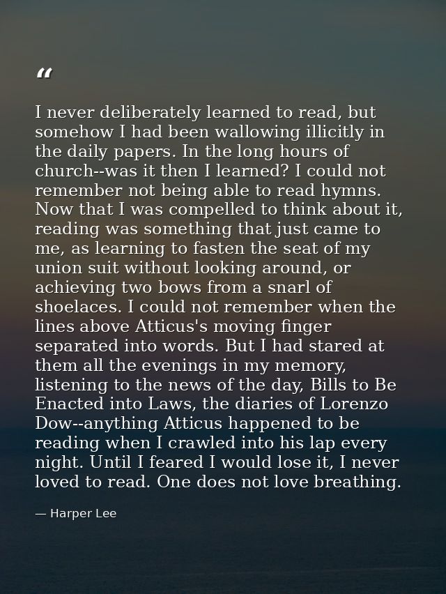I never deliberately learned to read, but somehow I had been wallowing illicitly in the daily papers. In the long hours  — Harper Lee