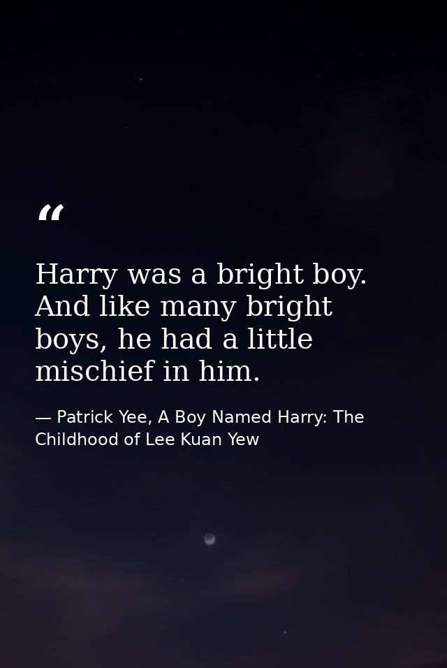 Harry was a bright boy. And like many bright boys, he had a little mischief in him. — Patrick Yee, A Boy Named Harry: The Childhood of Lee Kuan Yew