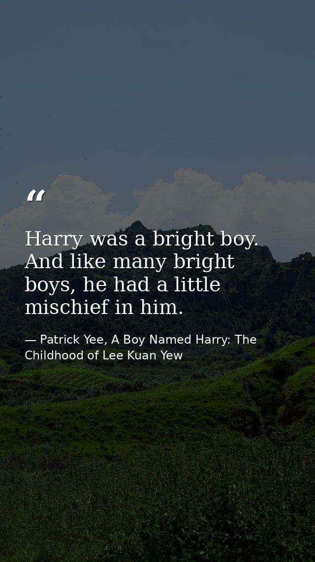 Harry was a bright boy. And like many bright boys, he had a little mischief in him. — Patrick Yee, A Boy Named Harry: The Childhood of Lee Kuan Yew