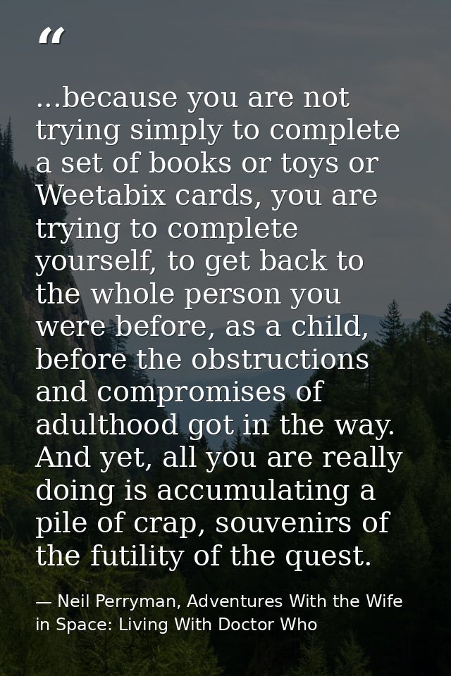 ...because you are not trying simply to complete a set of books or toys or Weetabix cards, you are trying to complete yo — Neil Perryman, Adventures With the Wife in Space: Living With Doctor Who