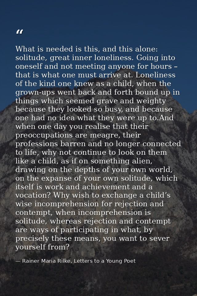 What is needed is this, and this alone: solitude, great inner loneliness. Going into oneself and not meeting anyone for  — Rainer Maria Rilke, Letters to a Young Poet