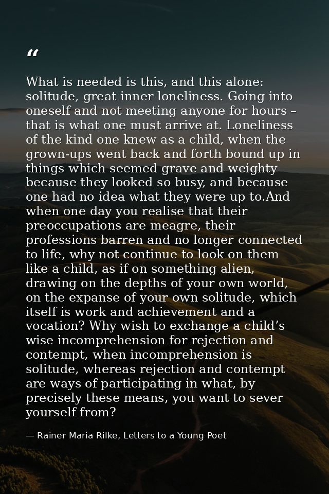What is needed is this, and this alone: solitude, great inner loneliness. Going into oneself and not meeting anyone for  — Rainer Maria Rilke, Letters to a Young Poet