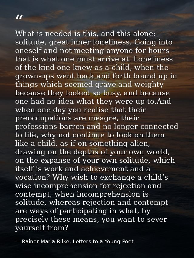 What is needed is this, and this alone: solitude, great inner loneliness. Going into oneself and not meeting anyone for  — Rainer Maria Rilke, Letters to a Young Poet
