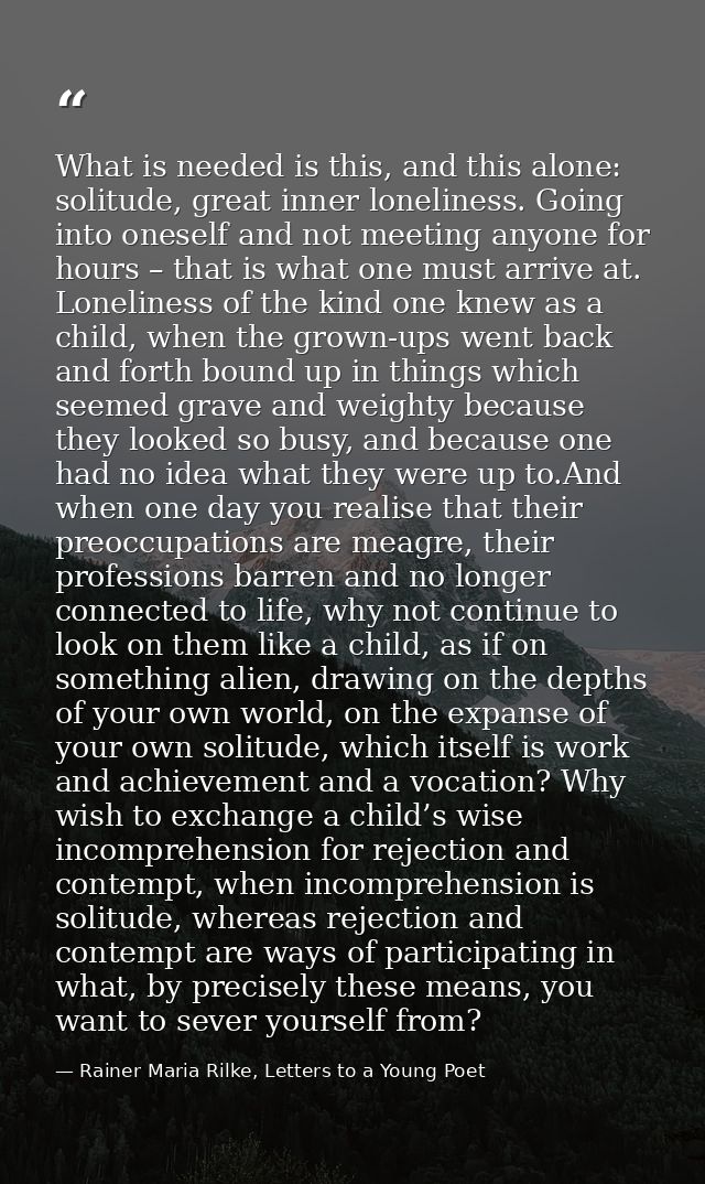What is needed is this, and this alone: solitude, great inner loneliness. Going into oneself and not meeting anyone for  — Rainer Maria Rilke, Letters to a Young Poet