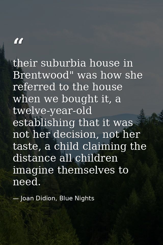 their suburbia house in Brentwood" was how she referred to the house when we bought it, a twelve-year-old establishing t — Joan Didion, Blue Nights