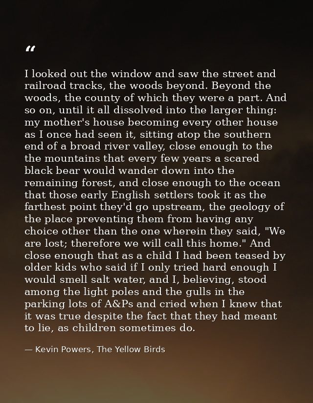 I looked out the window and saw the street and railroad tracks, the woods beyond. Beyond the woods, the county of which  — Kevin Powers, The Yellow Birds