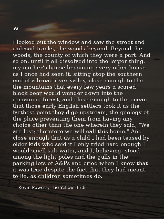 I looked out the window and saw the street and railroad tracks, the woods beyond. Beyond the woods, the county of which  — Kevin Powers, The Yellow Birds