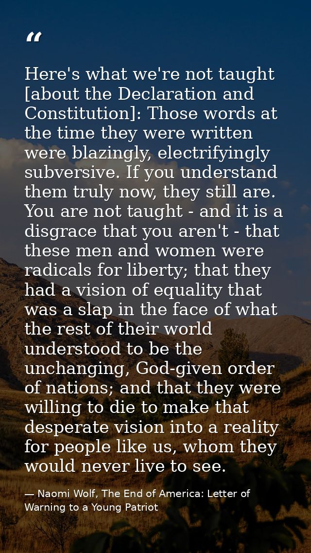 Here's what we're not taught [about the Declaration and Constitution]: Those words at the time they were written were bl — Naomi Wolf, The End of America: Letter of Warning to a Young Patriot