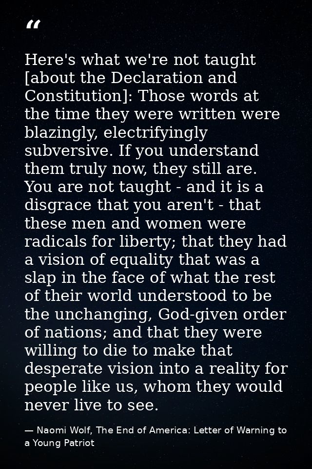 Here's what we're not taught [about the Declaration and Constitution]: Those words at the time they were written were bl — Naomi Wolf, The End of America: Letter of Warning to a Young Patriot