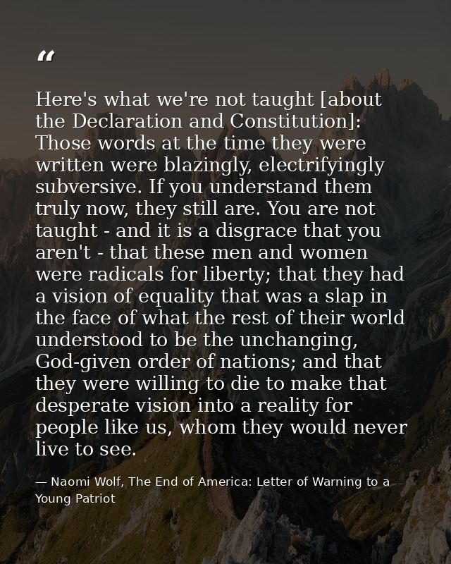 Here's what we're not taught [about the Declaration and Constitution]: Those words at the time they were written were bl — Naomi Wolf, The End of America: Letter of Warning to a Young Patriot