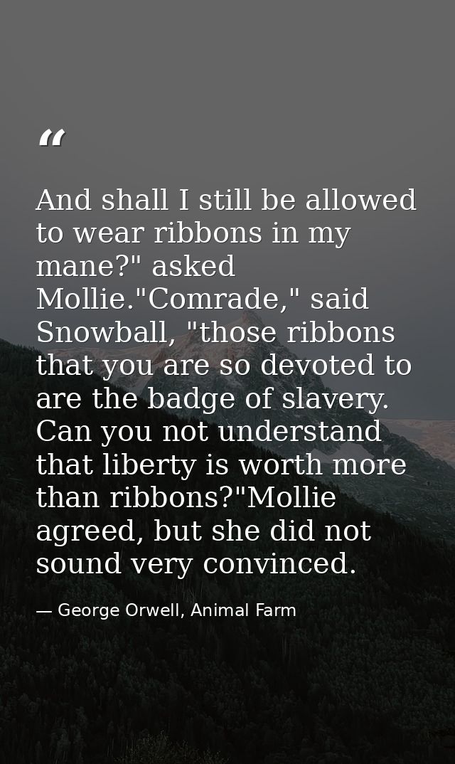 And shall I still be allowed to wear ribbons in my mane?" asked Mollie."Comrade," said Snowball, "those ribbons that you — George Orwell, Animal Farm