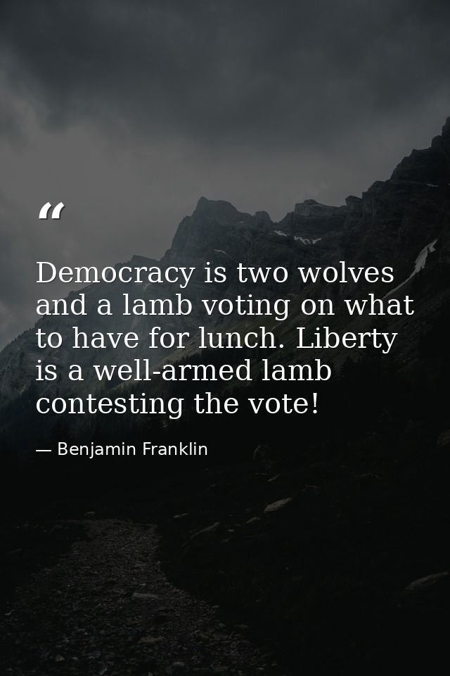Democracy is two wolves and a lamb voting on what to have for lunch. Liberty is a well-armed lamb contesting the vote! — Benjamin Franklin