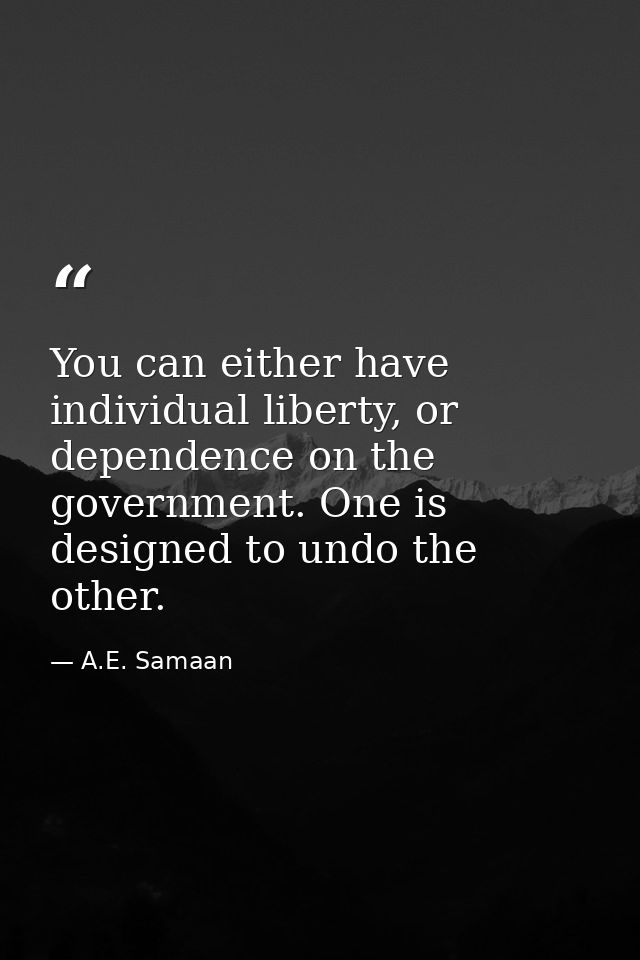 You can either have individual liberty, or dependence on the government. One is designed to undo the other. — A.E. Samaan