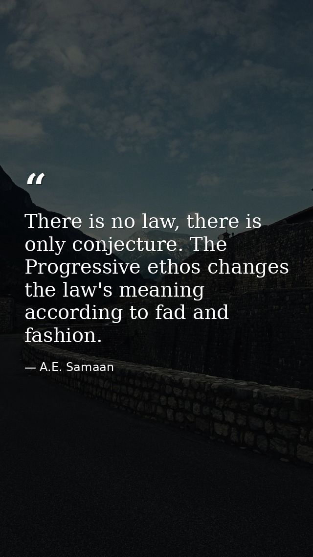There is no law, there is only conjecture. The Progressive ethos changes the law's meaning according to fad and fashion. — A.E. Samaan