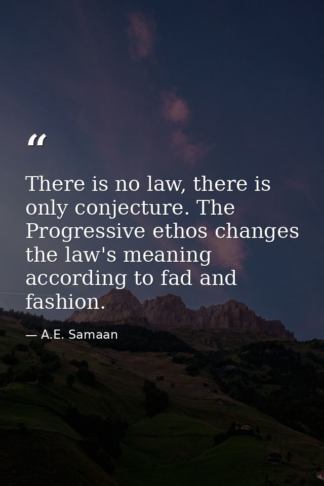 There is no law, there is only conjecture. The Progressive ethos changes the law's meaning according to fad and fashion. — A.E. Samaan