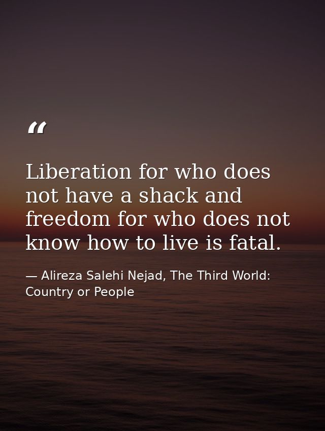 Liberation for who does not have a shack and freedom for who does not know how to live is fatal. — Alireza Salehi Nejad, The Third World: Country or People
