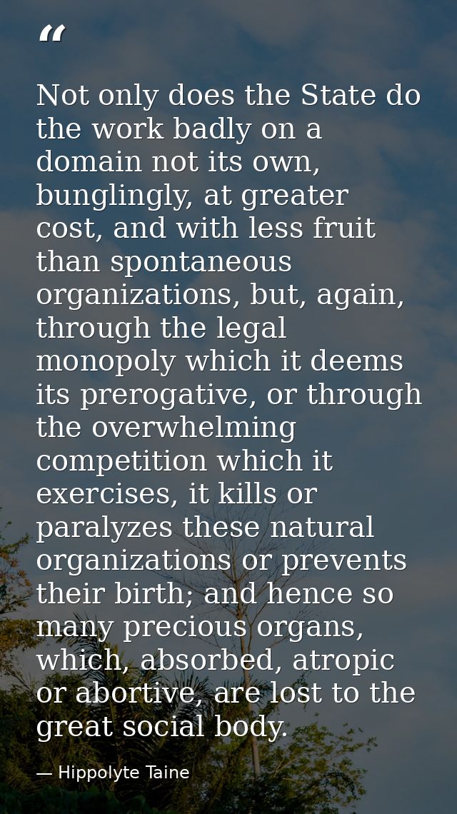Not only does the State do the work badly on a domain not its own, bunglingly, at greater cost, and with less fruit than — Hippolyte Taine