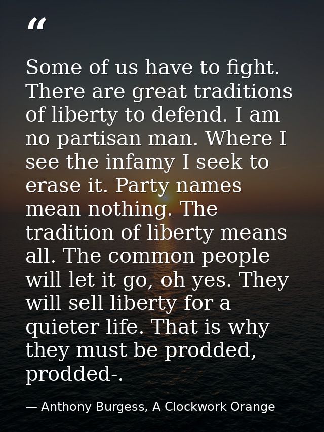 Some of us have to fight. There are great traditions of liberty to defend. I am no partisan man. Where I see the infamy  — Anthony Burgess, A Clockwork Orange