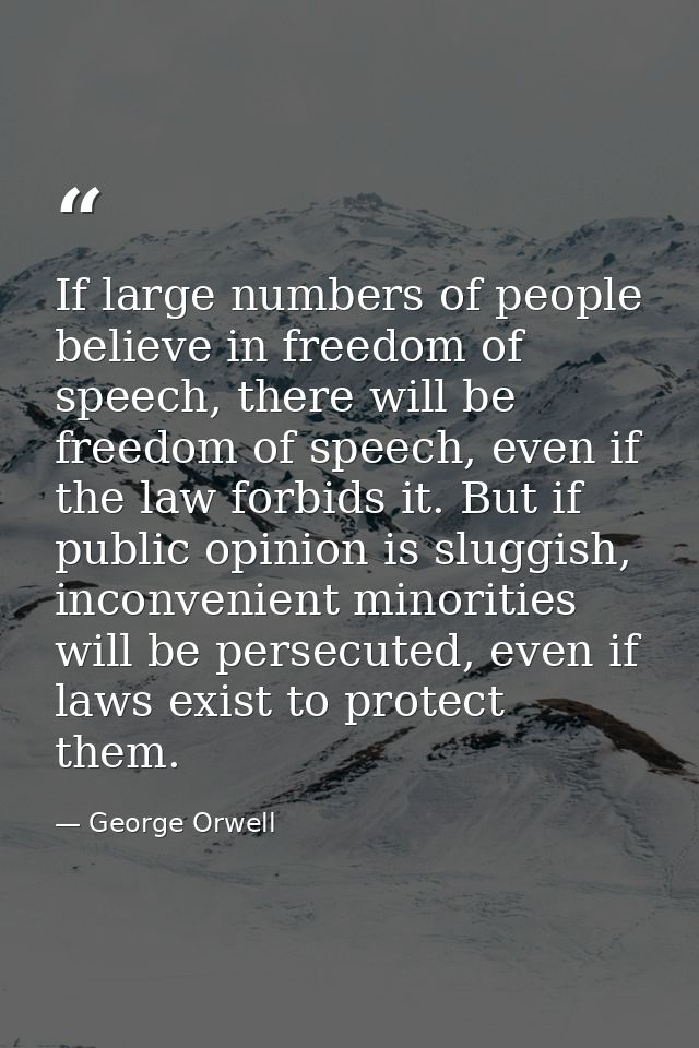 If large numbers of people believe in freedom of speech, there will be freedom of speech, even if the law forbids it. Bu — George Orwell