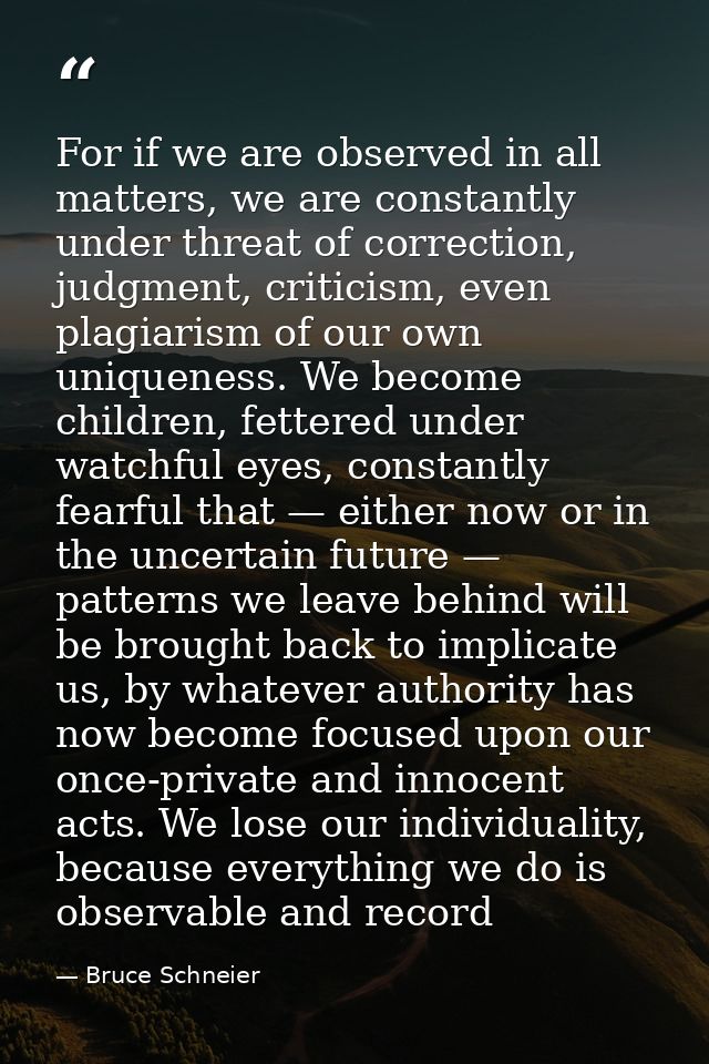 For if we are observed in all matters, we are constantly under threat of correction, judgment, criticism, even plagiaris — Bruce Schneier