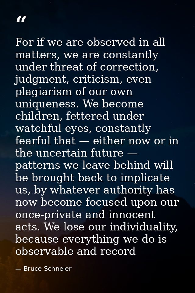 For if we are observed in all matters, we are constantly under threat of correction, judgment, criticism, even plagiaris — Bruce Schneier