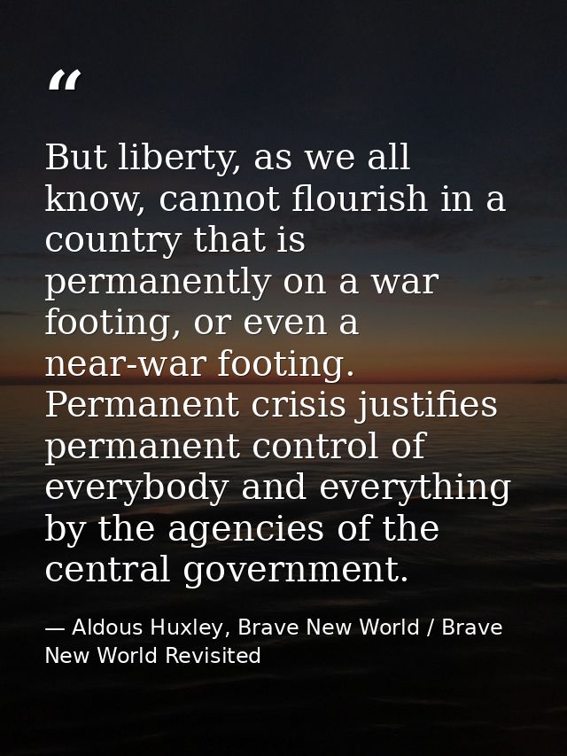 But liberty, as we all know, cannot flourish in a country that is permanently on a war footing, or even a near-war footi — Aldous Huxley, Brave New World / Brave New World Revisited