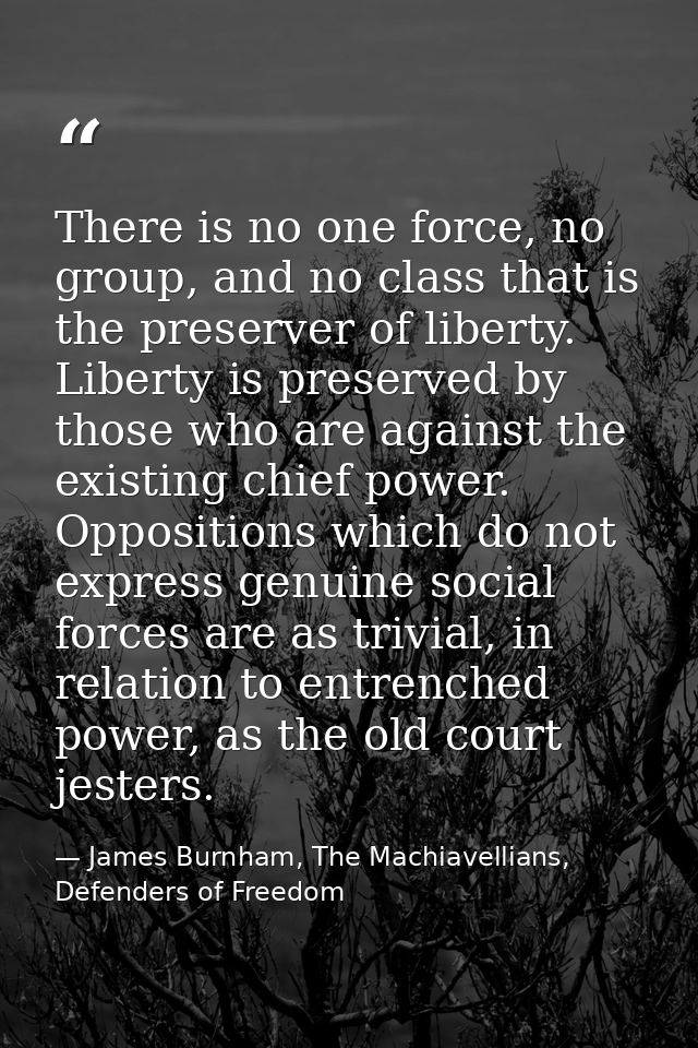 There is no one force, no group, and no class that is the preserver of liberty. Liberty is preserved by those who are ag — James Burnham, The Machiavellians, Defenders of Freedom