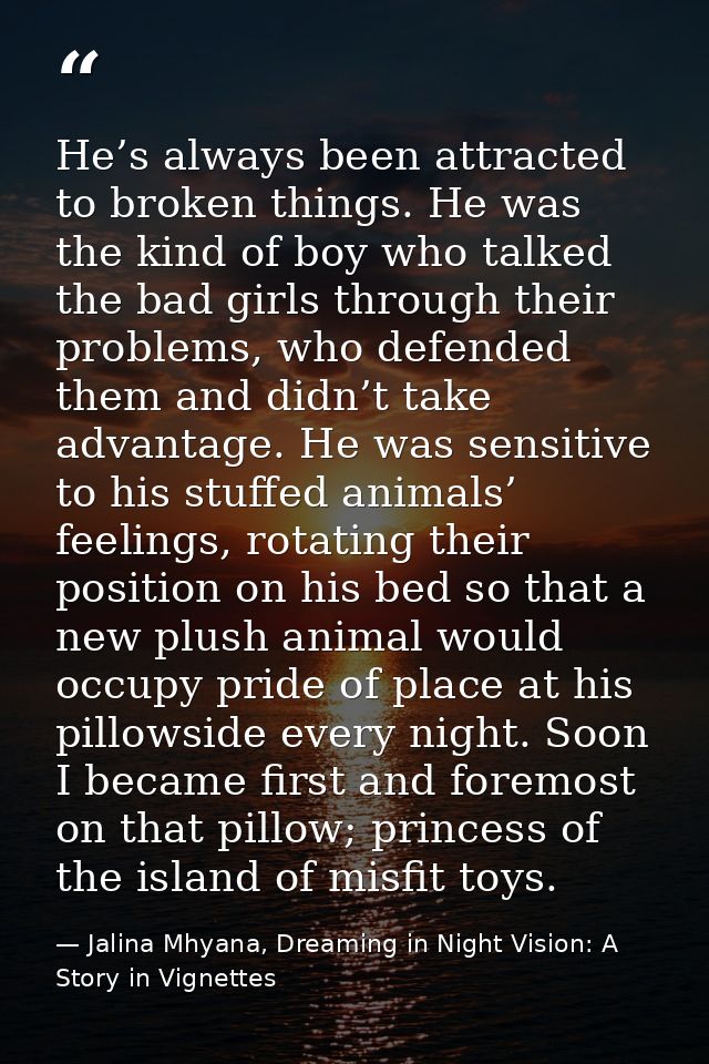 He’s always been attracted to broken things. He was the kind of boy who talked the bad girls through their problems, who — Jalina Mhyana, Dreaming in Night Vision: A Story in Vignettes