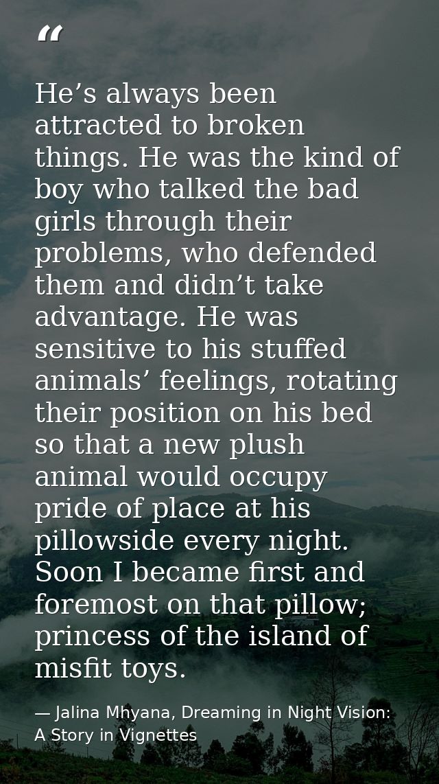 He’s always been attracted to broken things. He was the kind of boy who talked the bad girls through their problems, who — Jalina Mhyana, Dreaming in Night Vision: A Story in Vignettes