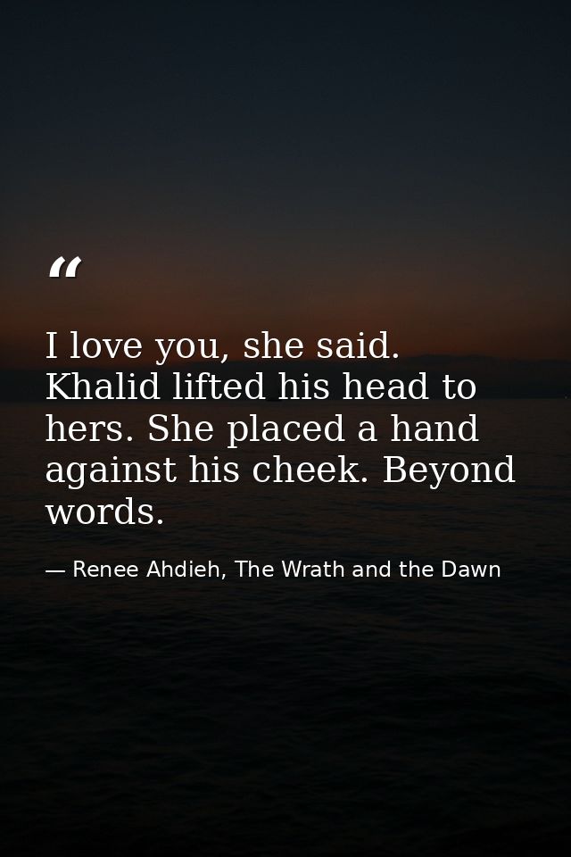 I love you, she said. Khalid lifted his head to hers. She placed a hand against his cheek. Beyond words. — Renee Ahdieh, The Wrath and the Dawn