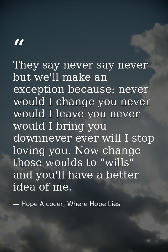 They say never say never but we'll make an exception because: never would I change you never would I leave you never wou — Hope Alcocer, Where Hope Lies